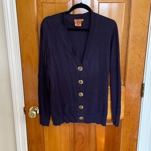 Tory Burch Large Gold Button V Neck Cardigan